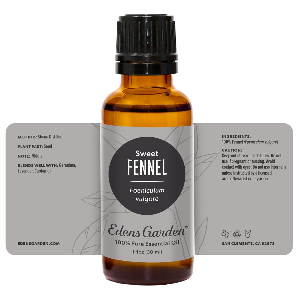 Close-up of Edens Garden Fennel-Sweet Essential Oil bottle