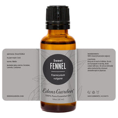 Close-up of Edens Garden Fennel-Sweet Essential Oil bottle