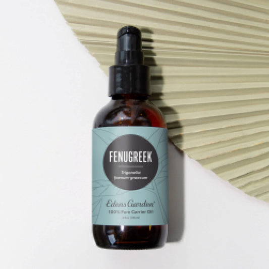 Close-up of Edens Garden Fenugreek Carrier Oil bottle label