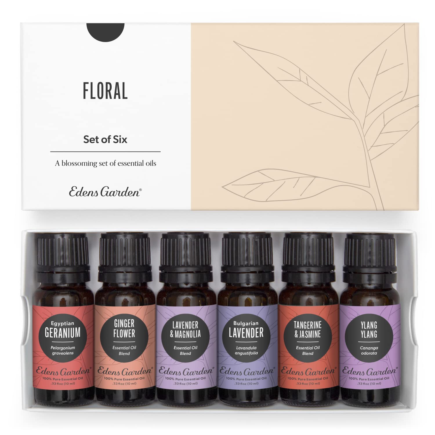 Edens Garden Floral Essential Oils 6 Set display with six 10 ml bottles