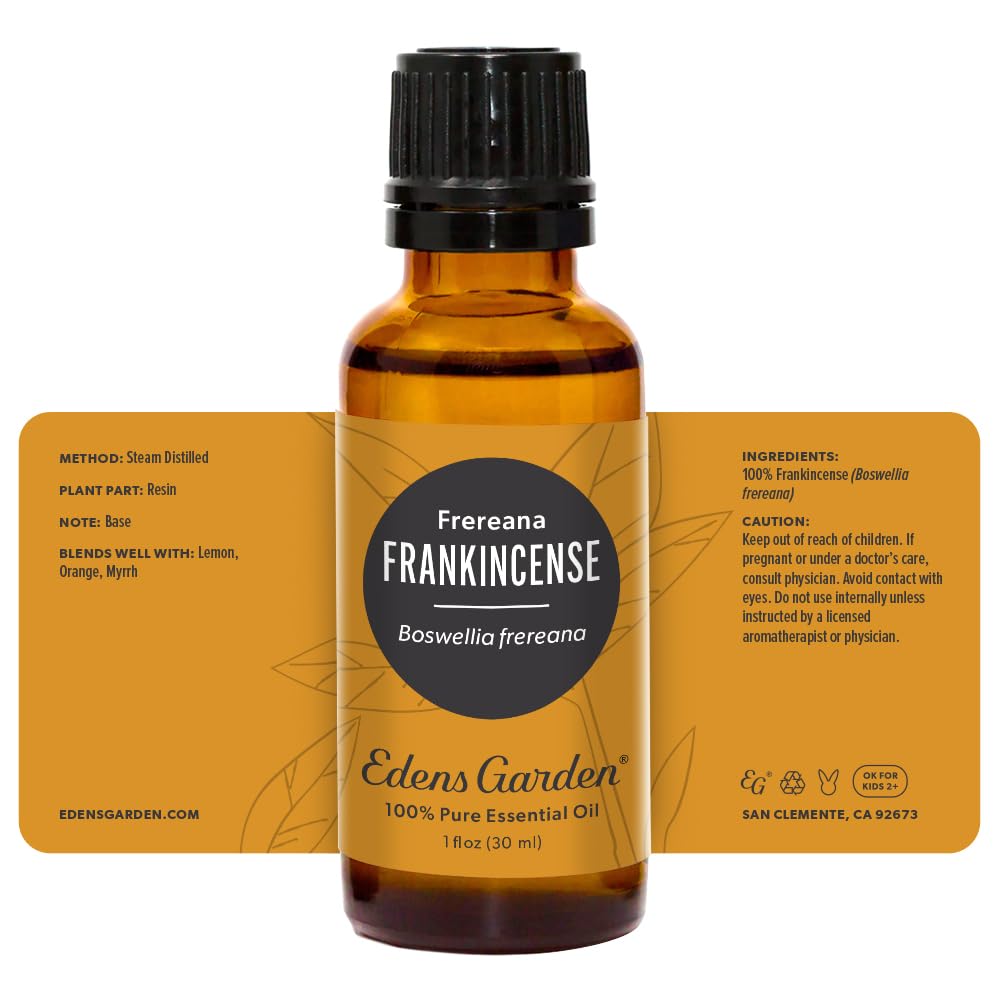 Premium grade essential oils including Frankincense Frereana in display