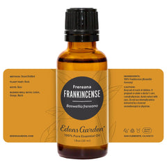 Premium grade essential oils including Frankincense Frereana in display