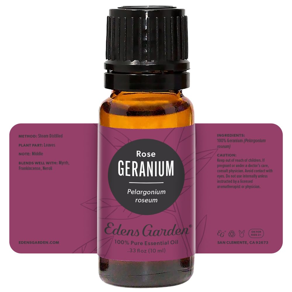 Edens Garden product packaging and branding for Geranium-Rose oil