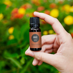 Close-up of ginger essential oil bottle label
