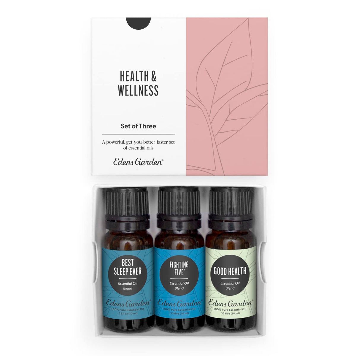 Front view of Edens Garden Health & Wellness Essential Oils 3 Set bottles