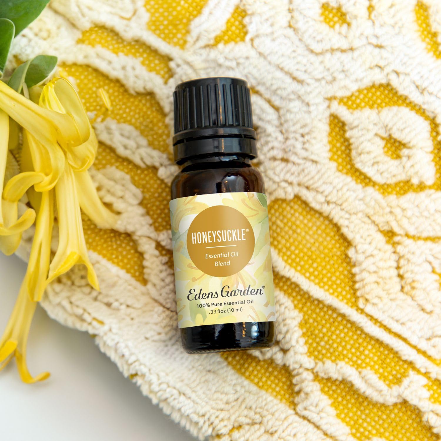 Close-up of honeysuckle oil blend label