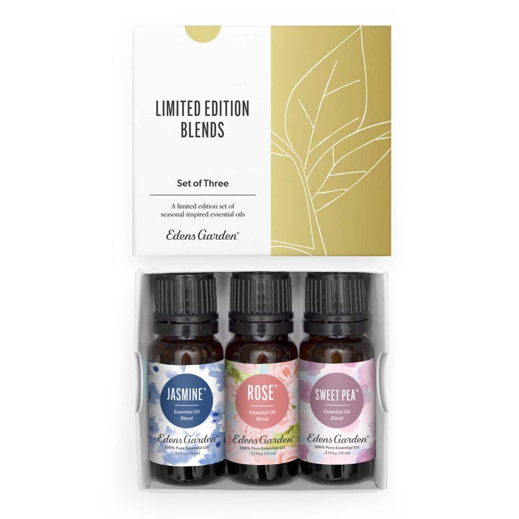 In Bloom 3-set packaging with Jasmine, Rose, and Sweet Pea essential oil bottles