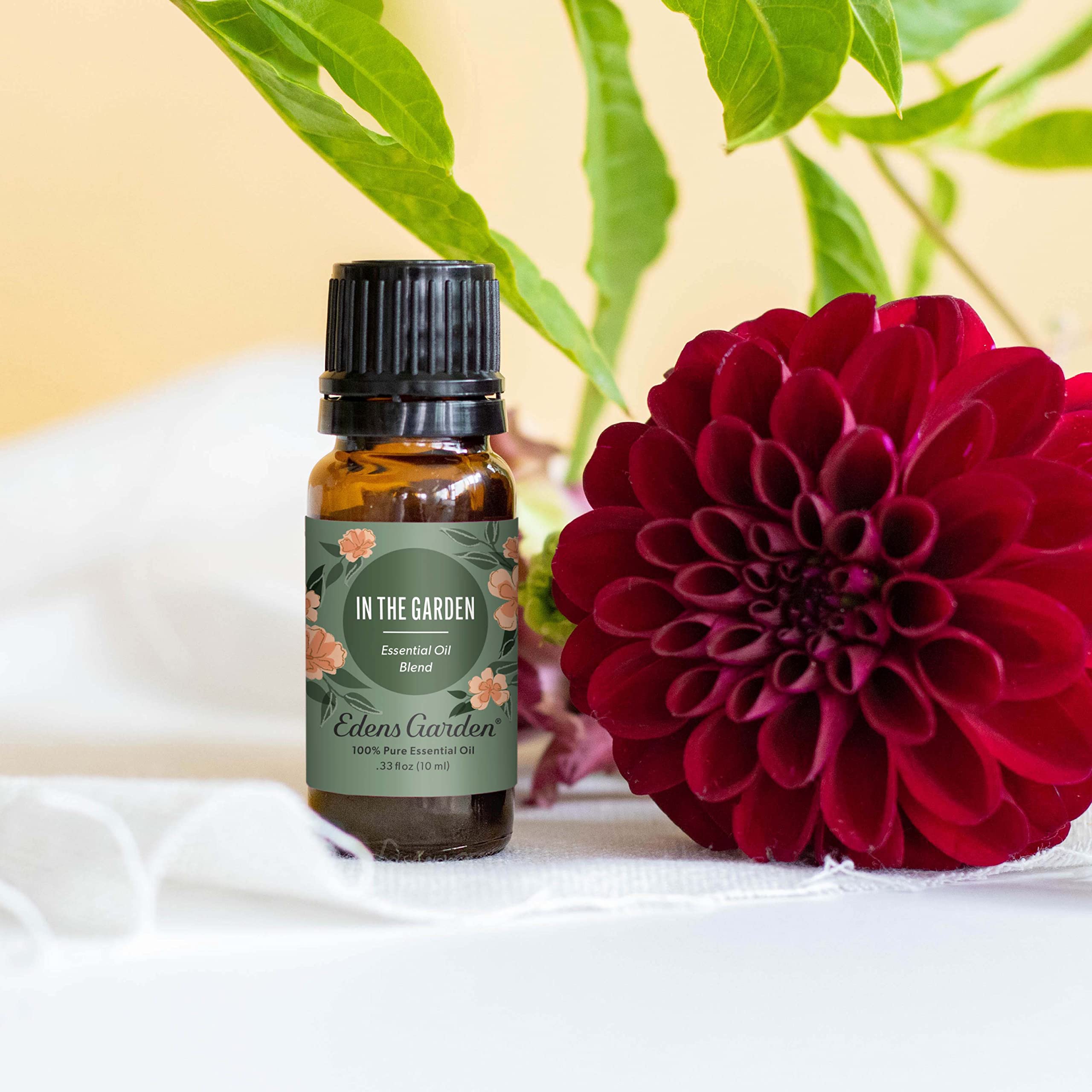 Close-up of In The Garden essential oil label