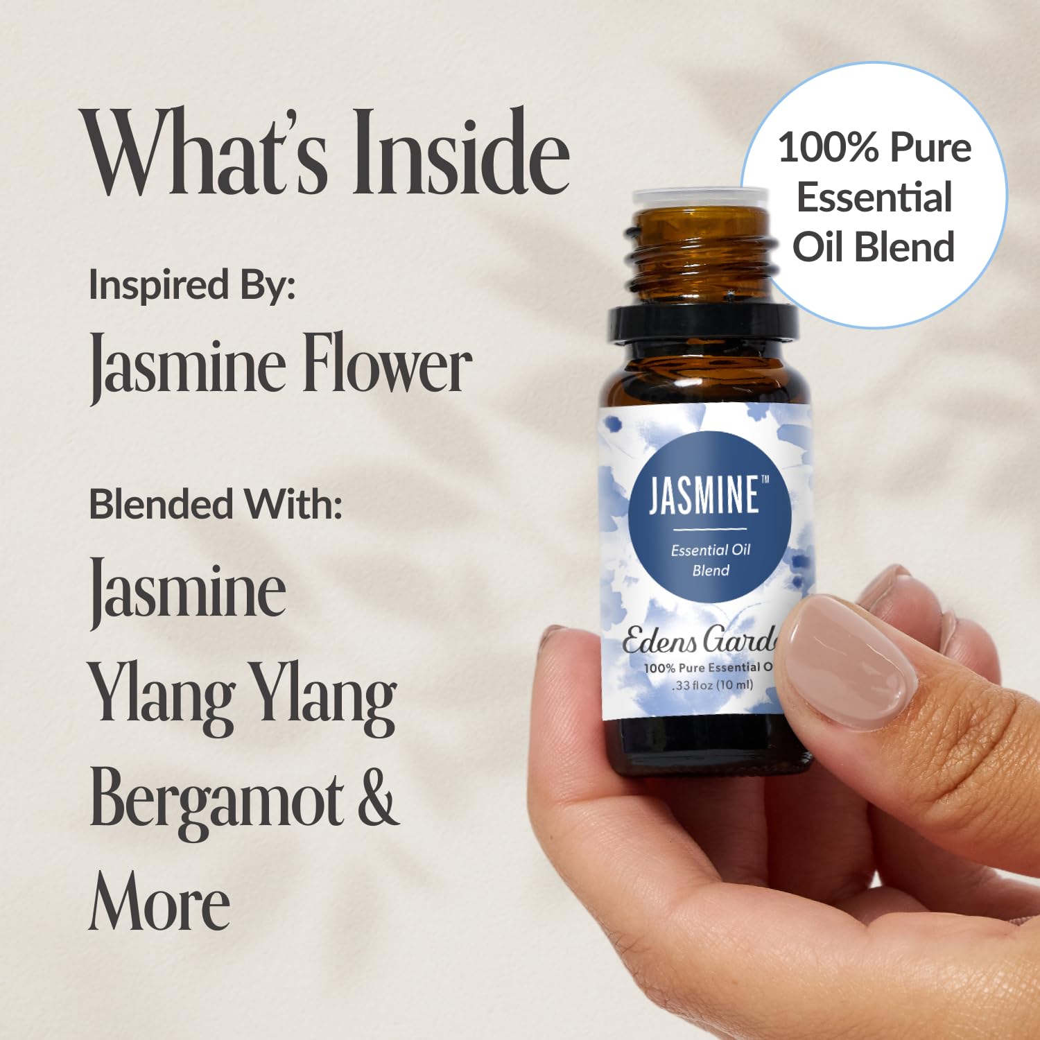 Jasmine essential oil blend bottle on white background