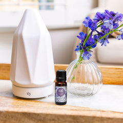 Close-up of Lilac Essential Oil Blend label on bottle