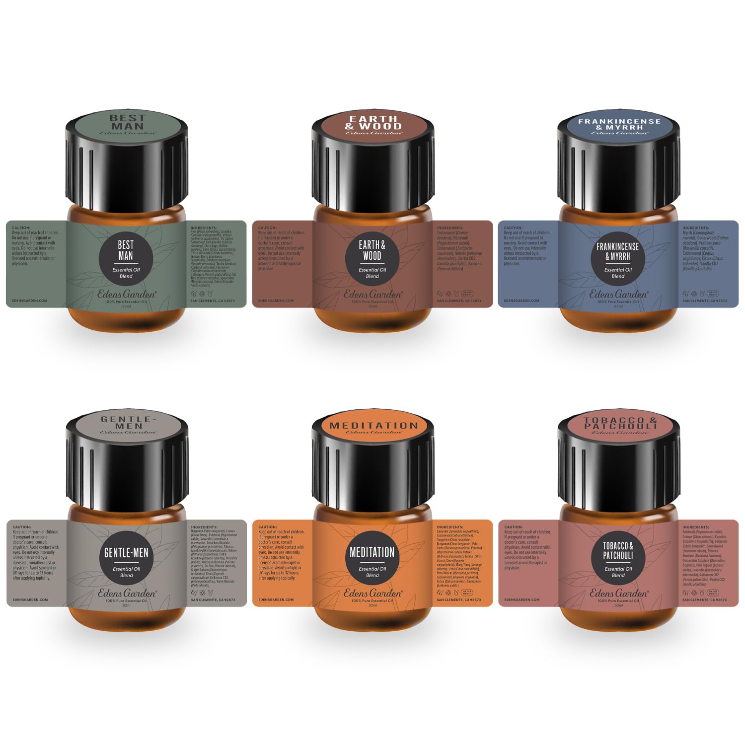 Edens Garden Men Essential Oils Discovery Sampler packaging and six bottles
