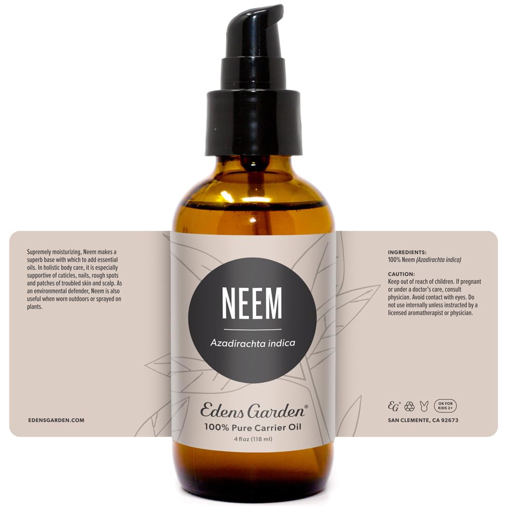 Edens Garden branding and Neem Carrier Oil bottle on clean surface