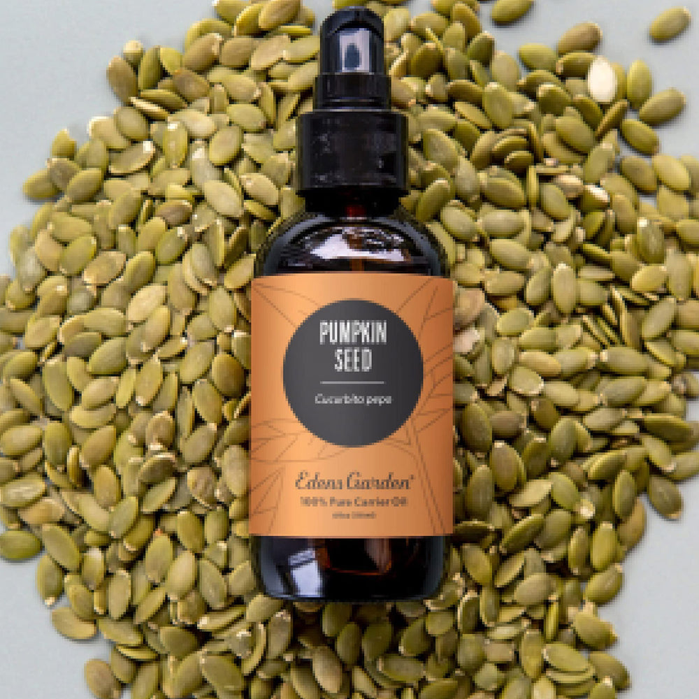 Close-up of Edens Garden Pumpkin Seed Carrier Oil bottle label 118 ml