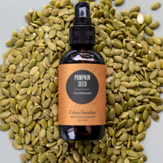 Close-up of Edens Garden Pumpkin Seed Carrier Oil bottle label 118 ml