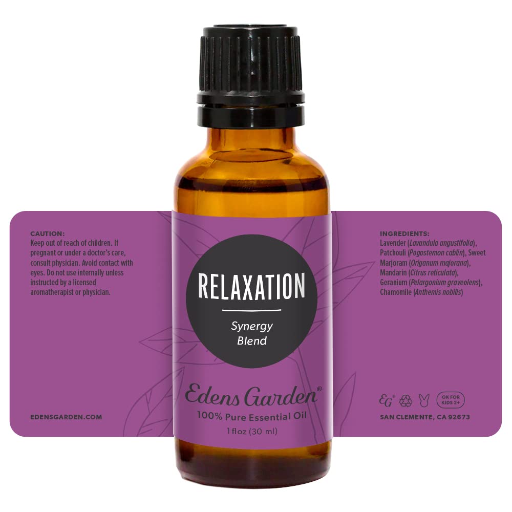 Edens Garden branding and Relaxation Oil Blend product shot