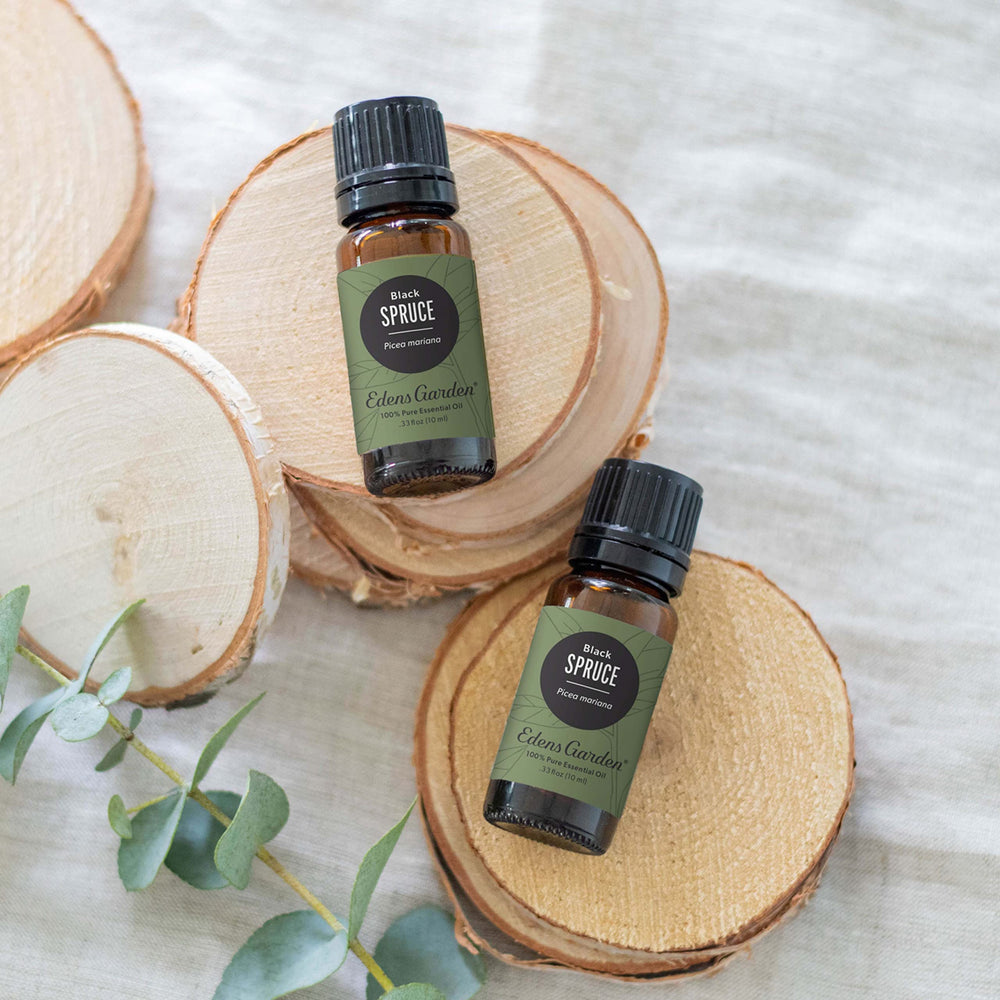 Close-up of Spruce-Black essential oil bottle with dropper