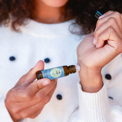 Close-up of cap and label on Study Buddy roll-on bottle.
