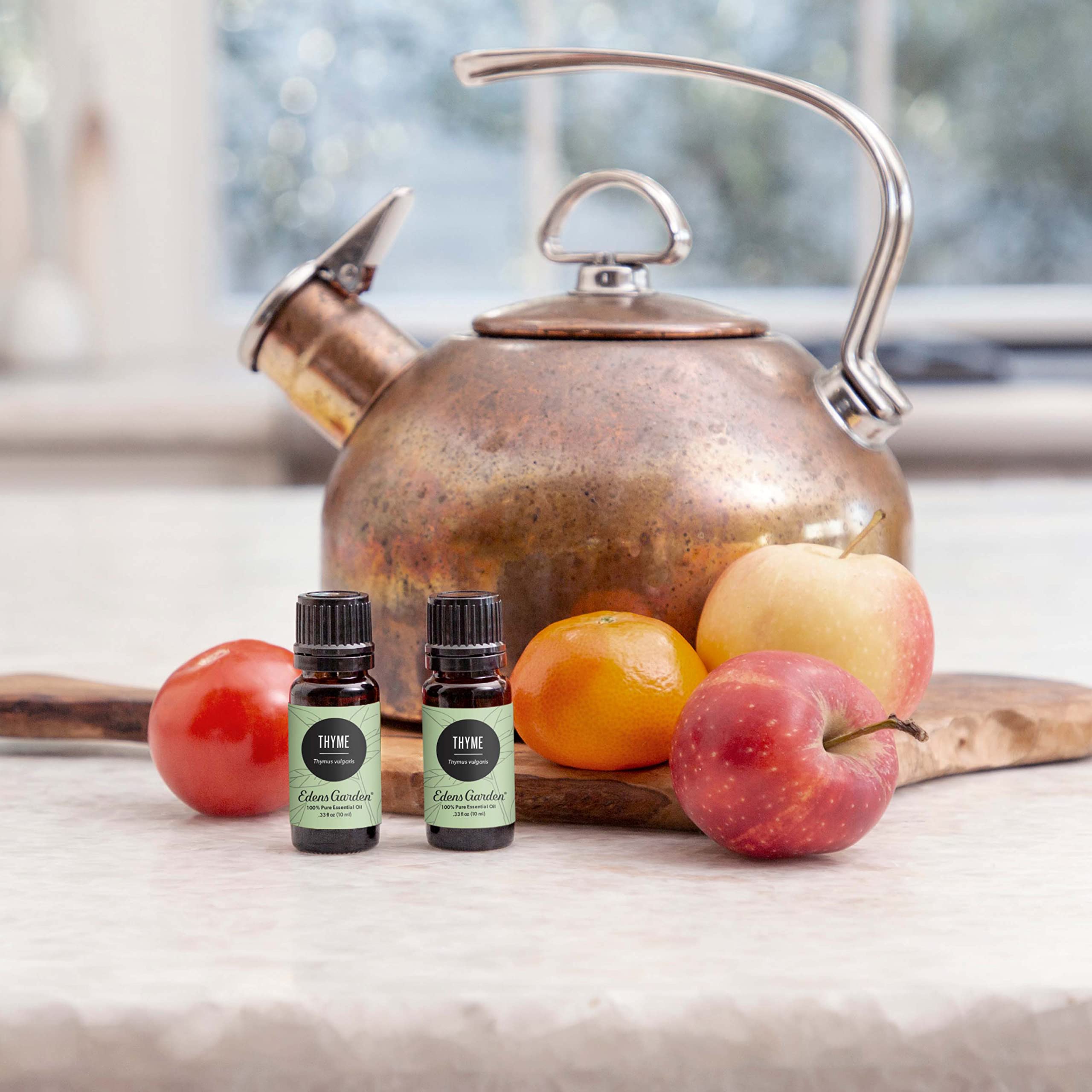 Close-up of thyme essential oil bottle label