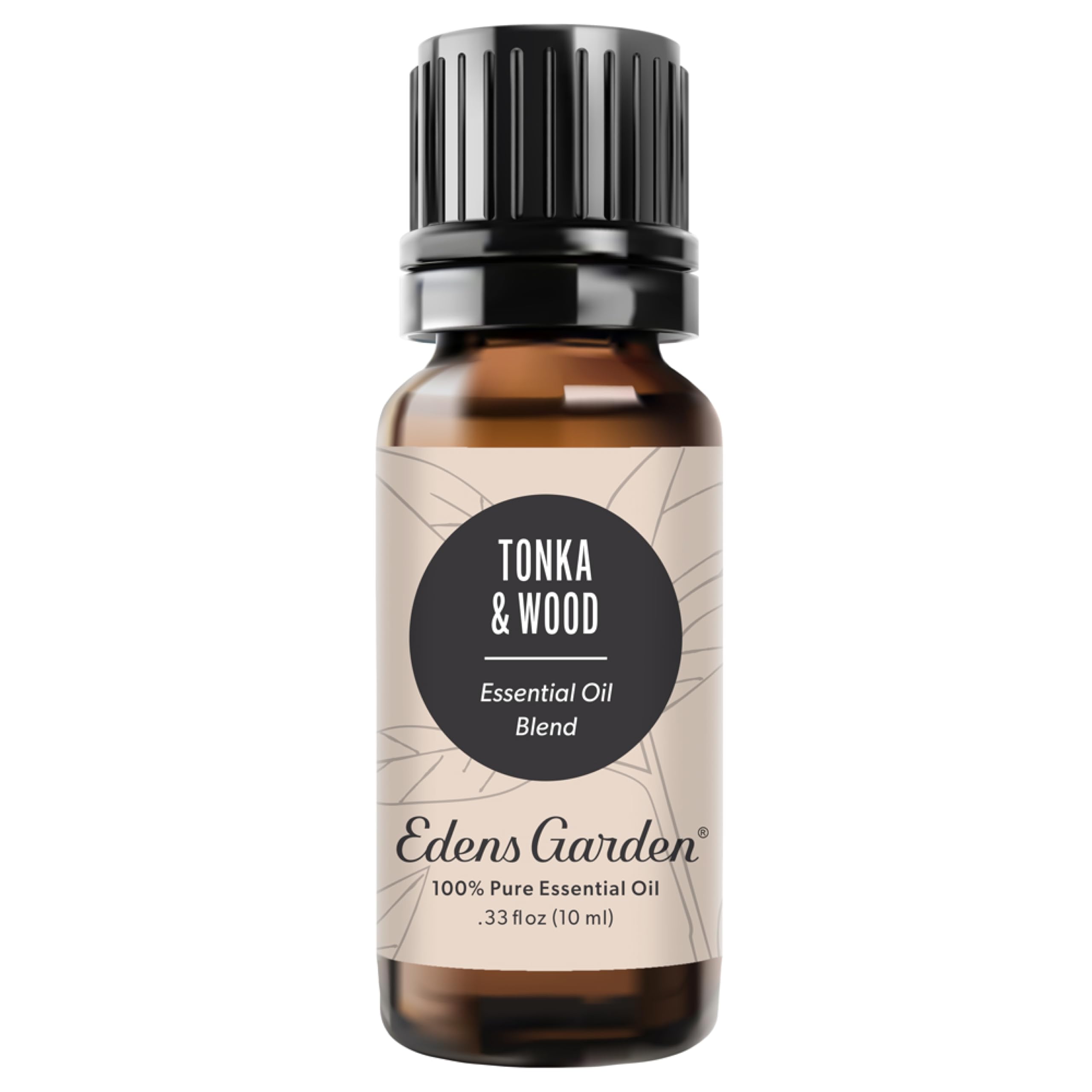 Edens Garden Tonka & Wood essential oil blend bottle label close-up