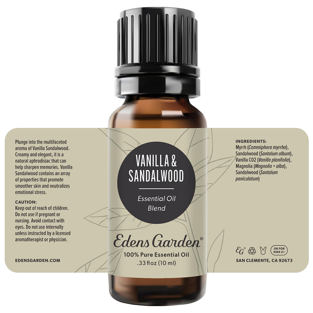 Edens Garden display including Vanilla Sandalwood blend packaging