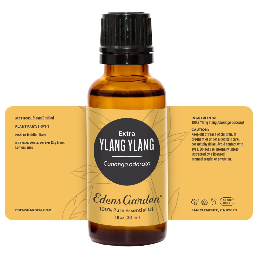 Edens Garden logo and bottle of Ylang Ylang Extra essential oil