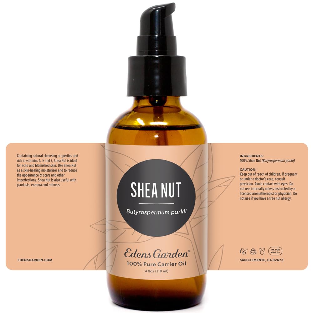 Bottle of Edens Garden Shea Nut Carrier Oil in natural lighting