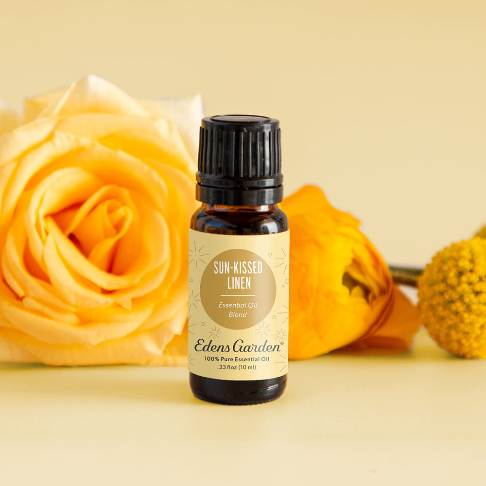 Sun-Kissed Linen essential oil bottle with label close-up