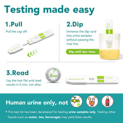 Urine sample testing with a dip card showing 50 ng/mL cutoff