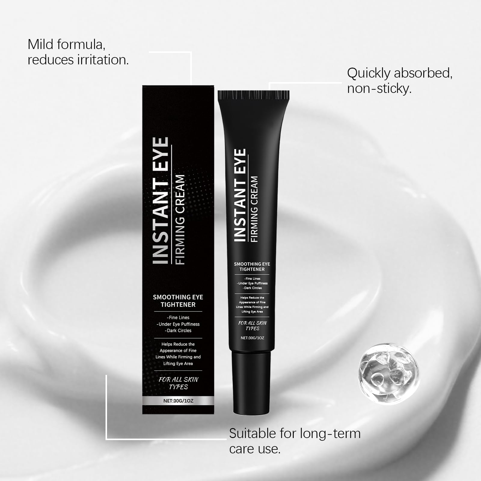 EELHOE Instant Eye Tightener Cream texture close-up reveals lightweight silky formula