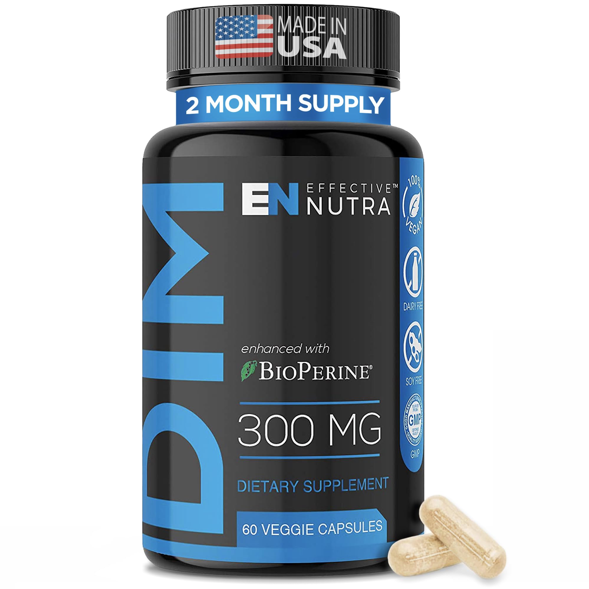 Effective Nutra Dim 300mg bottle shows hormone balance support in a daily capsule.