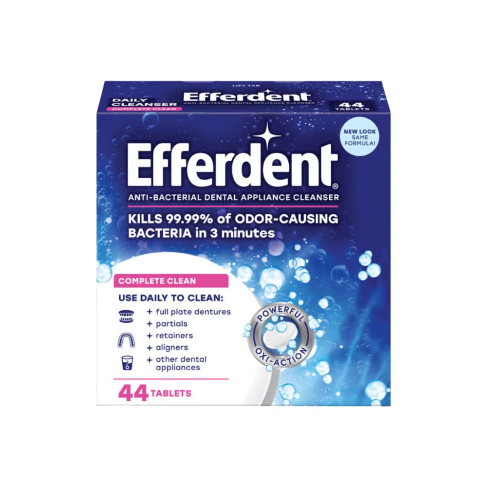 Efferdent packaging showing 44-count twin pack for dentures and retainers