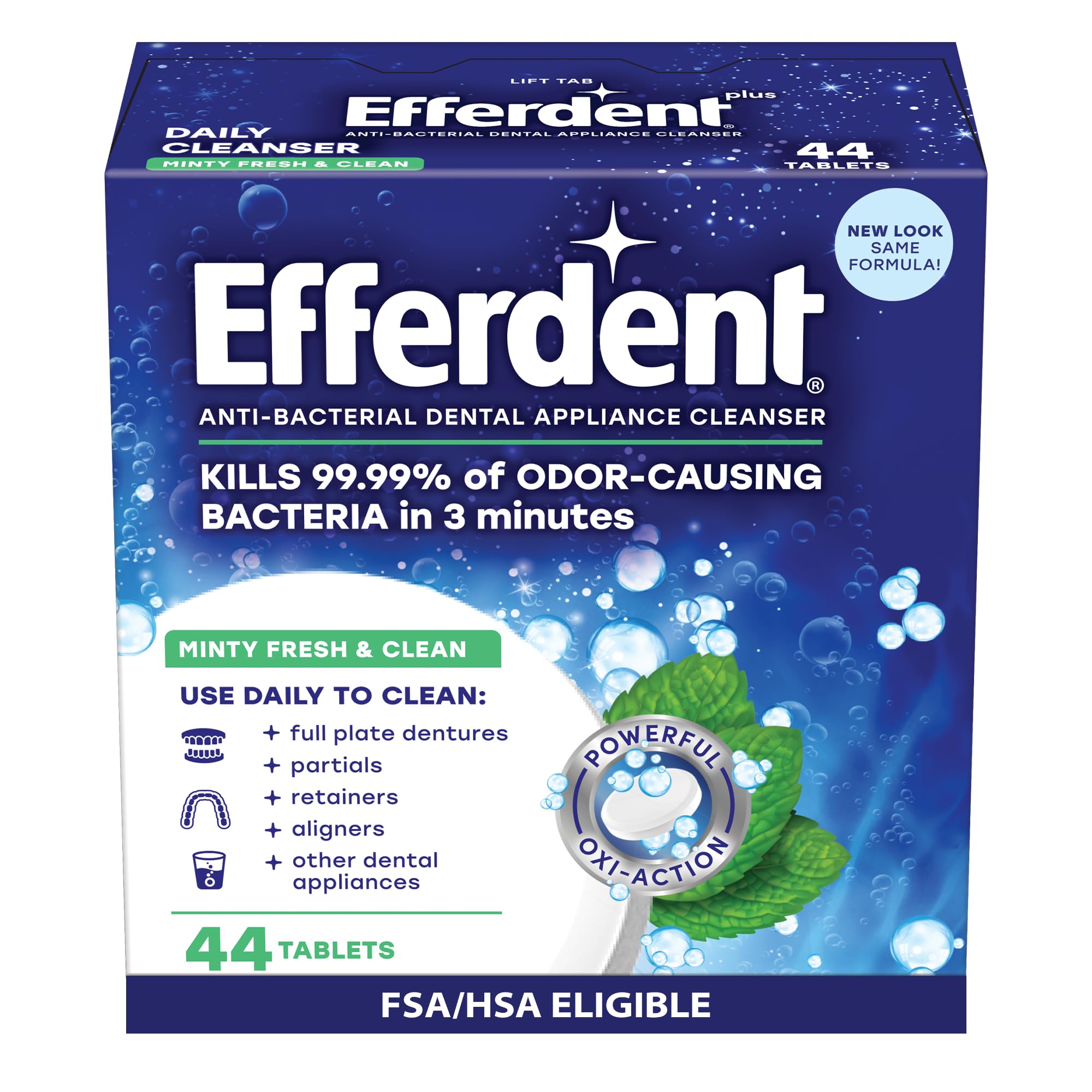 Efferdent Minty Fresh & Clean denture cleaner tablet dissolving in water