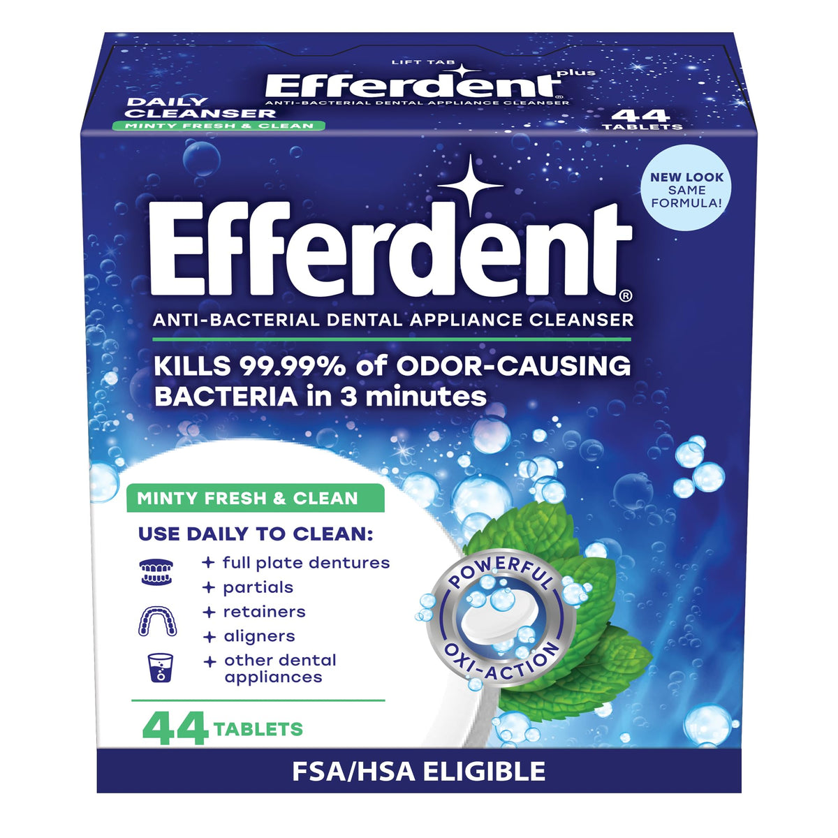 Efferdent Minty Fresh & Clean denture cleaner tablet dissolving in water