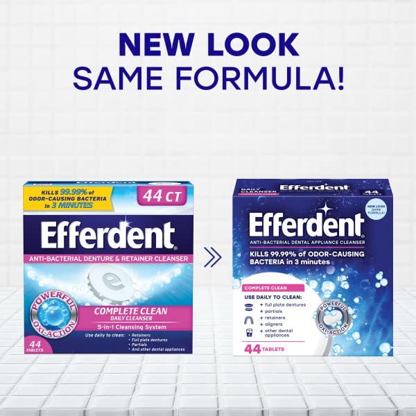 Packaging showing Efferdent Complete Clean branding and 44-count tablets