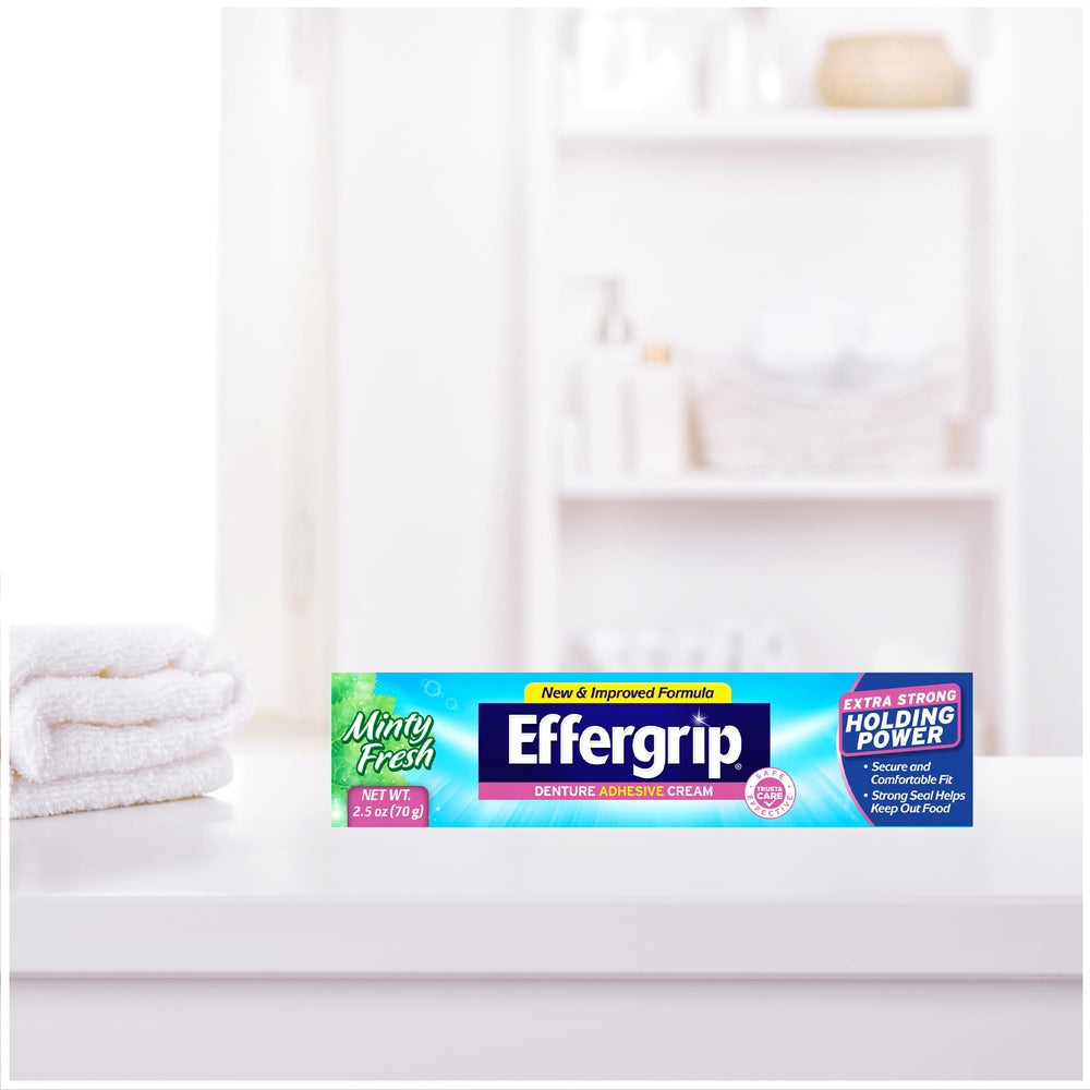 Product showing dentures securely held in place by Effergrip