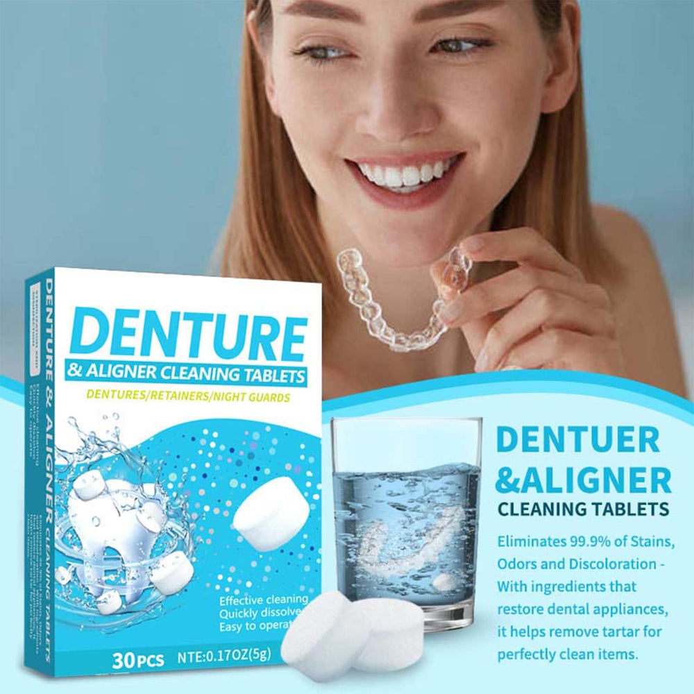 Effervescent cleaning tablets dissolving in water for dental appliances