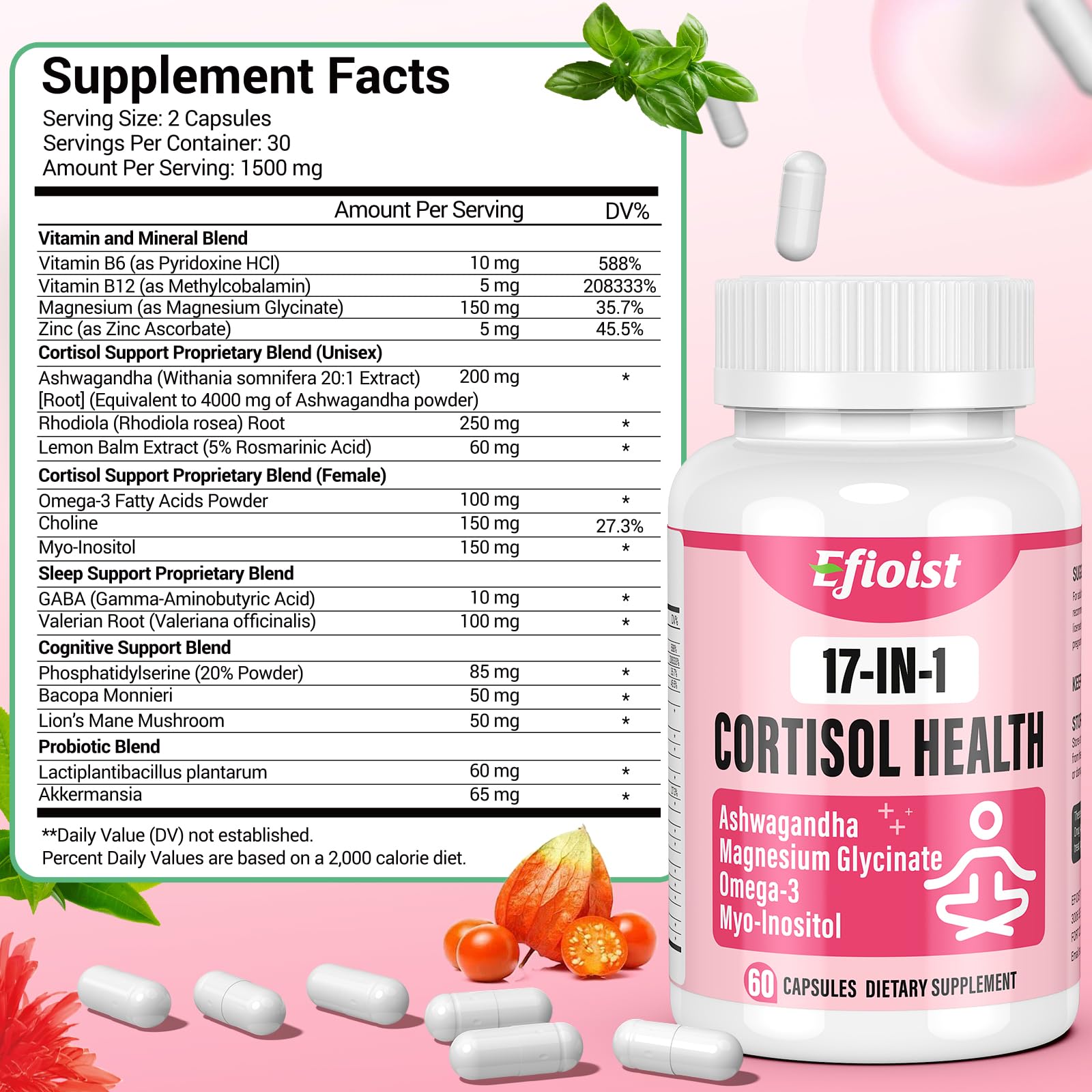 Sleep support imagery with Efioist Cortisol for Women bottle