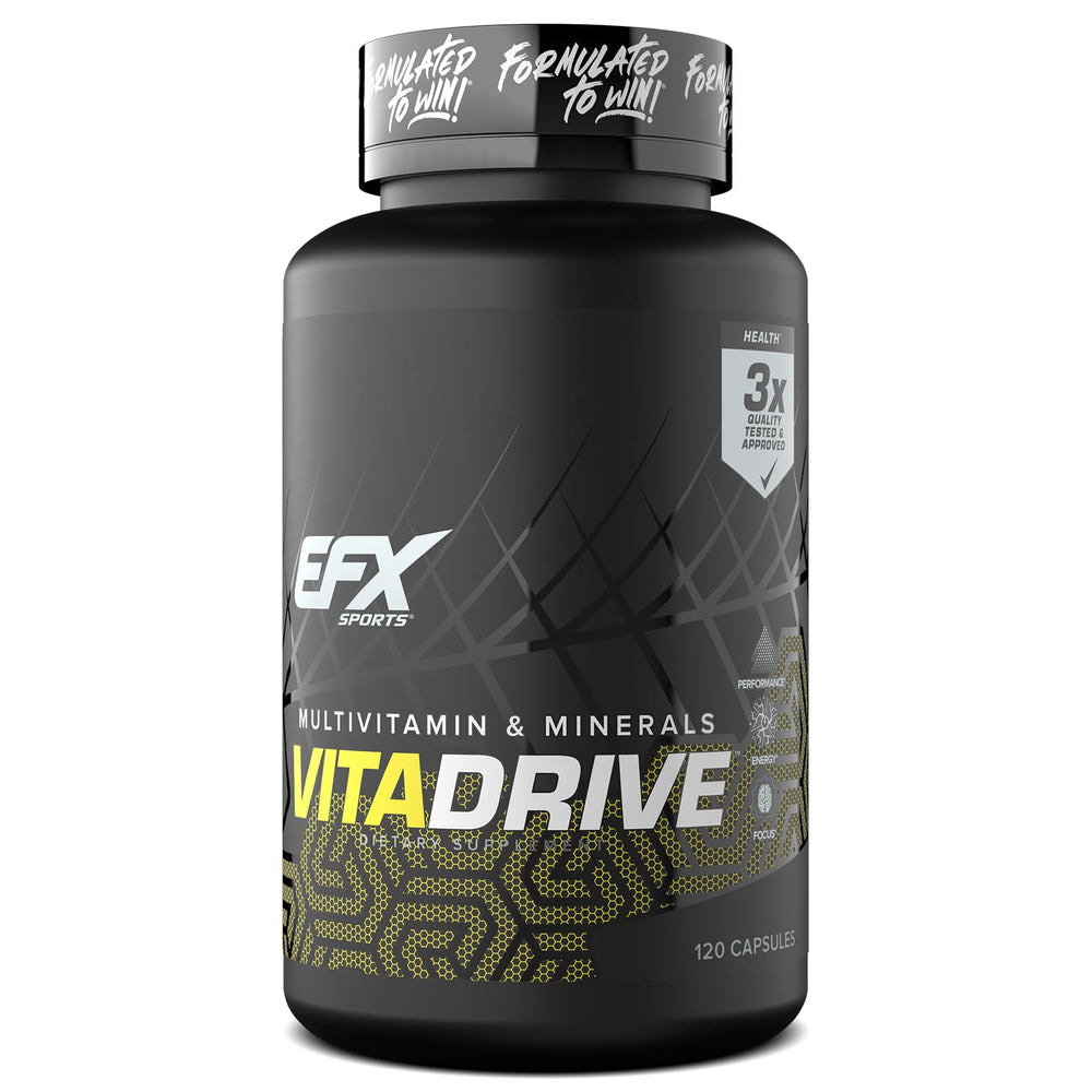 Front label of EFX Sports Vita Drive multivitamin bottle