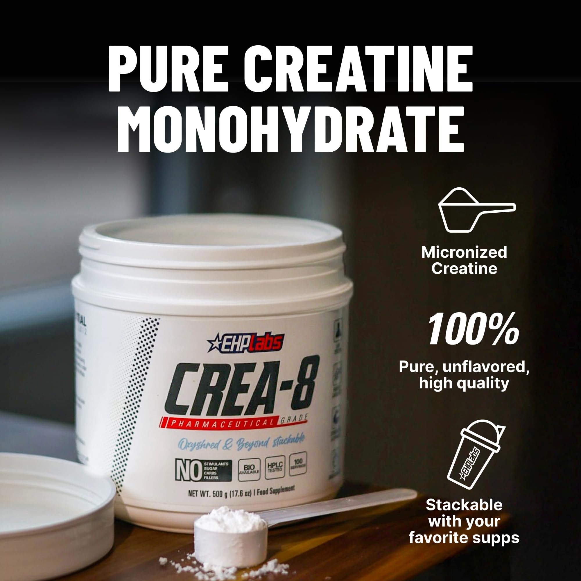 EHP Labs CREA-8 container displaying the 500g jar for easy supplementation