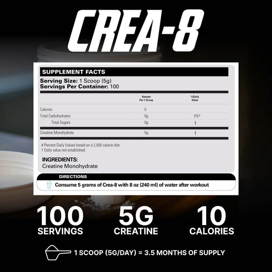 Ingredients label for CREA-8 Creatine Monohydrate supplement