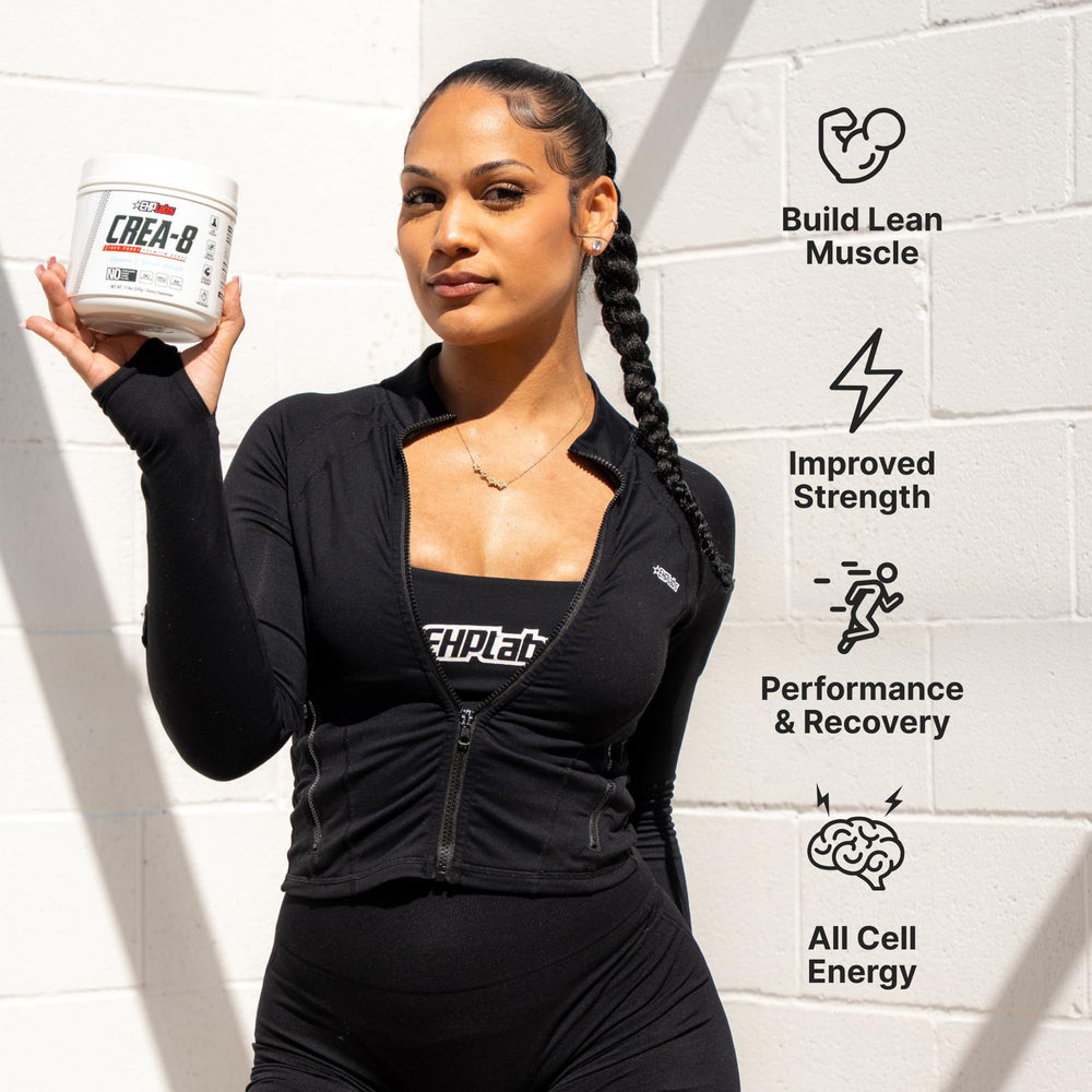 Close-up label on CREA-8 container highlighting purity of creatine monohydrate