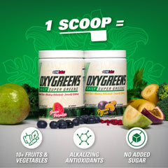EHP Labs OxyGreens Forest Berries glass with shake and berry garnish