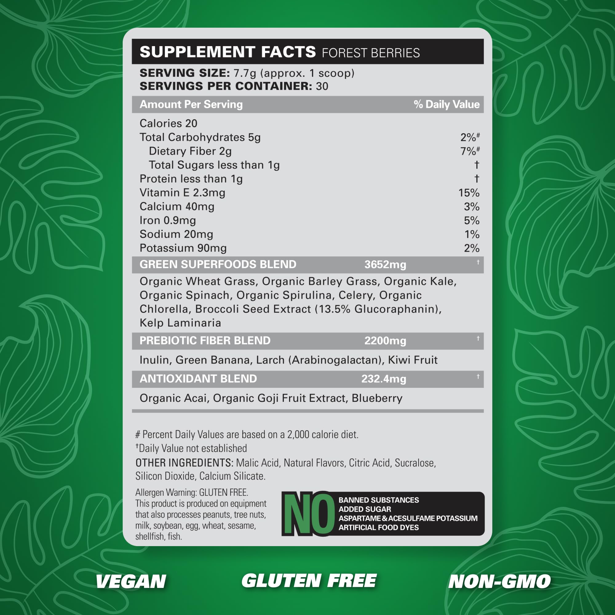 EHP Labs OxyGreens Forest Berries ingredients panel highlights nutrient-rich greens