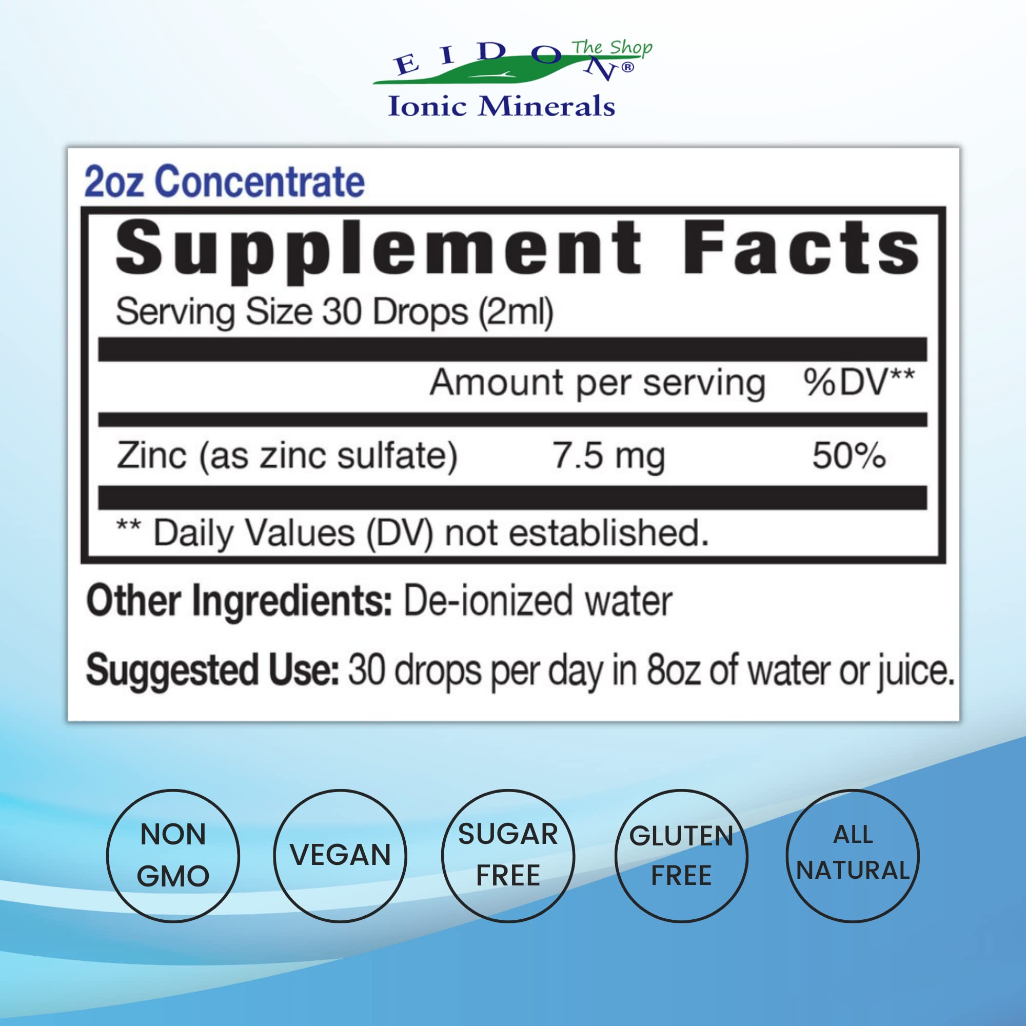 Close-up of Eidon zinc drops bottle for dosage