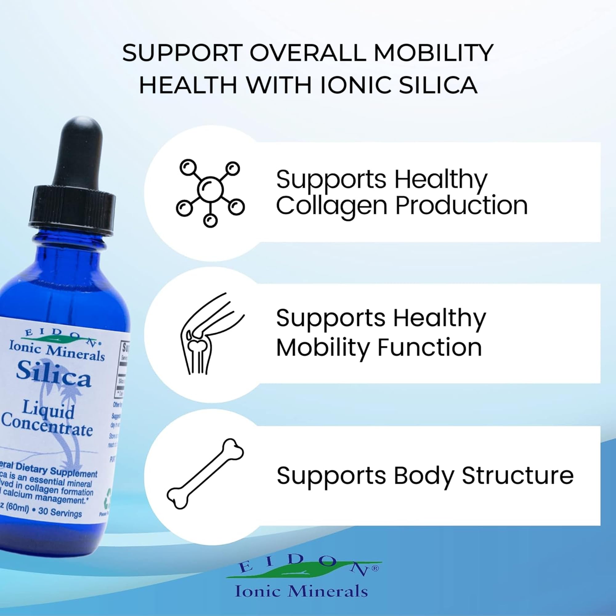 Front view of Eidon silica bottle and packaging