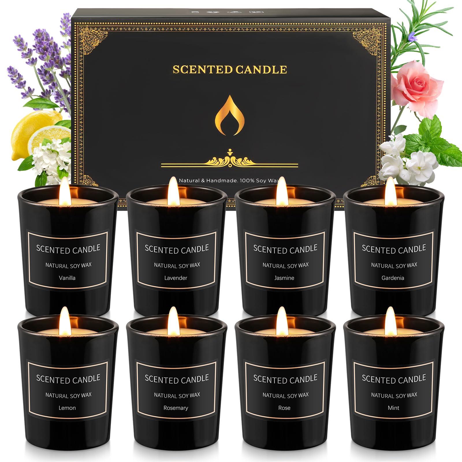 Eight-pack candles gift set front packaging