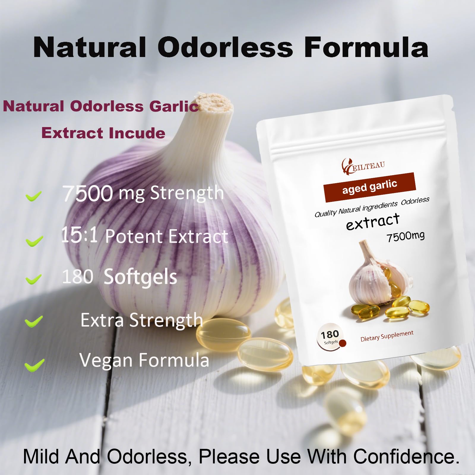 Garlic extract capsules showing 7,500 mg potency