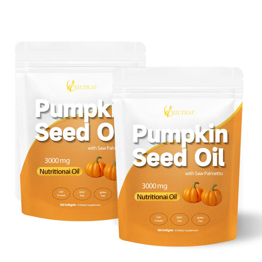 EILTEAU pumpkin seed oil and saw palmetto bottle on white background