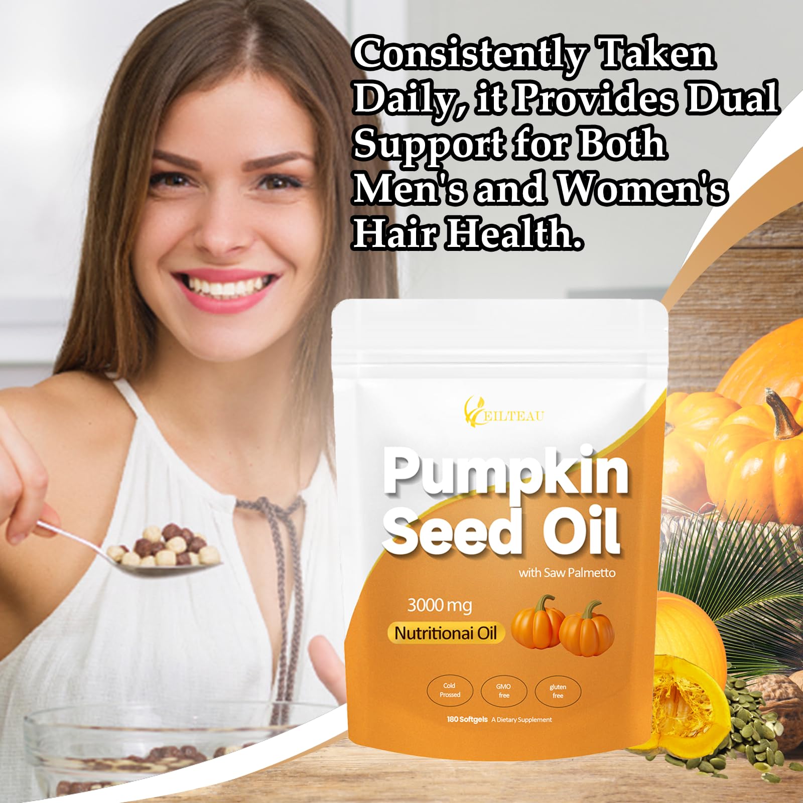 Close-up of pumpkin seed oil softgels (180-count)