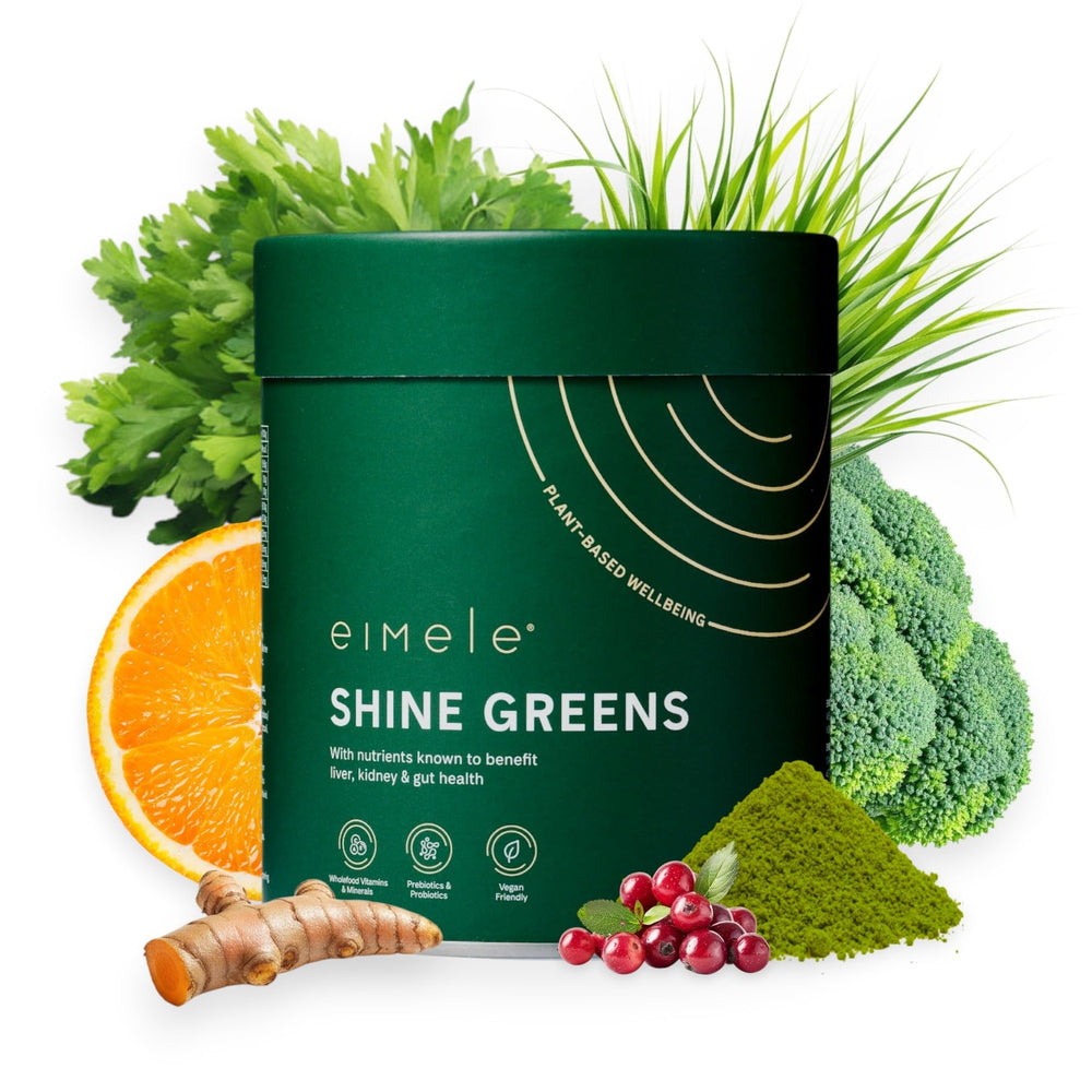 Front label of eimele Shine Greens plant-based superfood greens powder